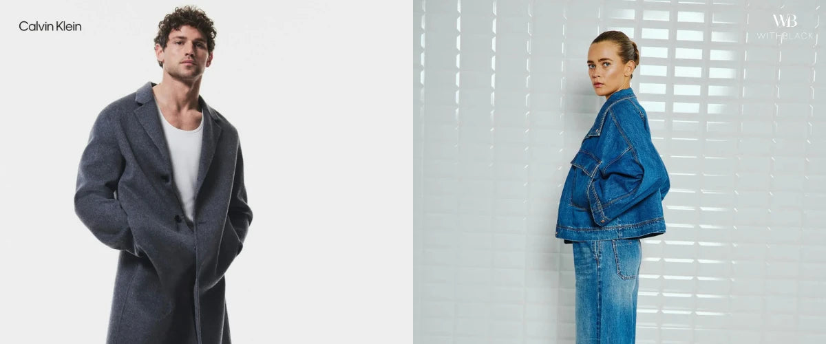 Männliches Model trägt einen grauen Mantel von Calvin Klein und steht neben einem weiblichen Model im Denim Look von With Black vor hellem Studio Hintergrund - Mobile