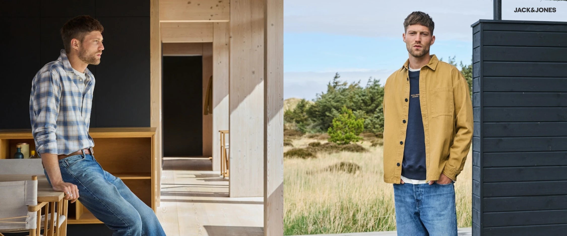 Mann trägt Jack and Jones Herren Outfit mit Jeans und kariertem Hemd im Innenraum sowie Outdoor Look mit Jack and Jones Jacke und Jeans in natürlicher Umgebung - Desktop
