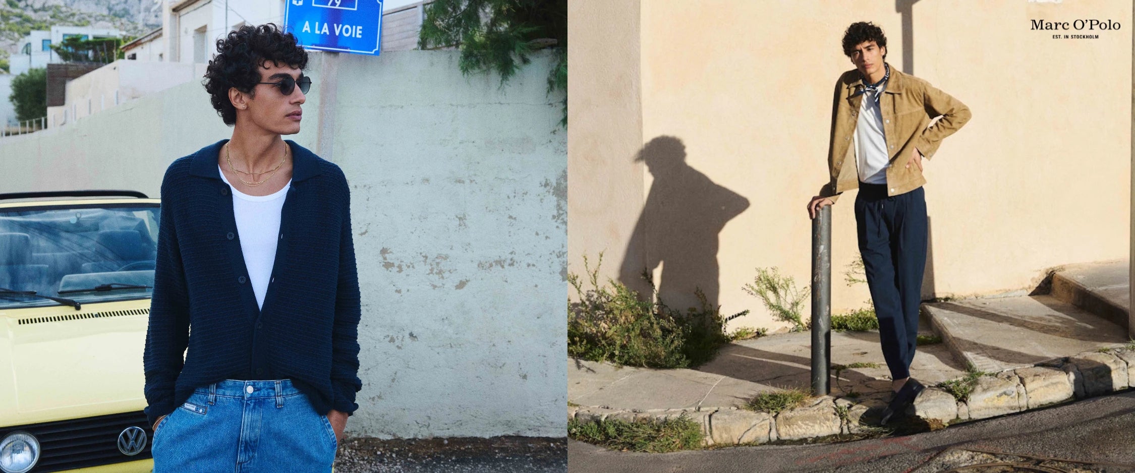 Marc O Polo Herrenmode Kampagnenbild mit zwei Models in Cardigan und Jacke im urbanen Setting - Desktop