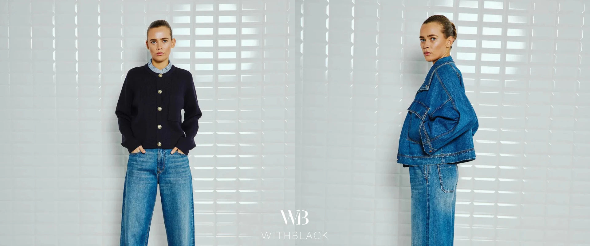 Moderne Damen Wide Leg Jeans in mittlerer Waschung kombiniert mit dunkelblauem Cardigan und Denim-Jacke von WITHBLACK – Freyerleben Damenmode Desktop