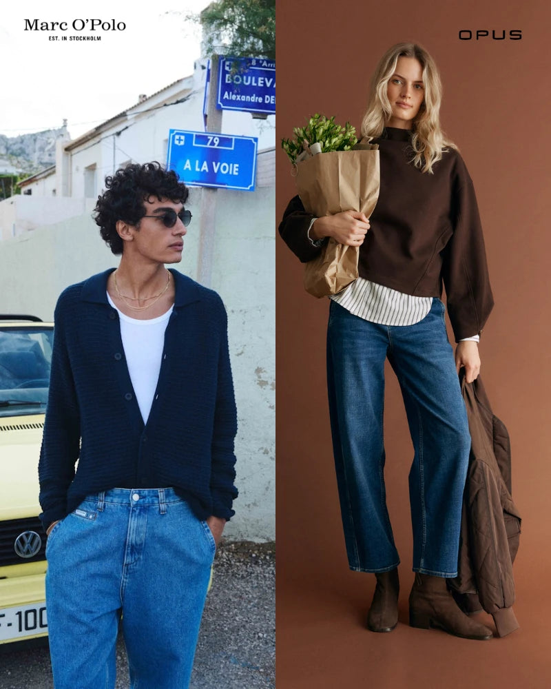 Marc O Polo Herrenmode und OPUS Damenmode Kampagnenbild mit Mann und Frau in modernen Alltagsoutfits