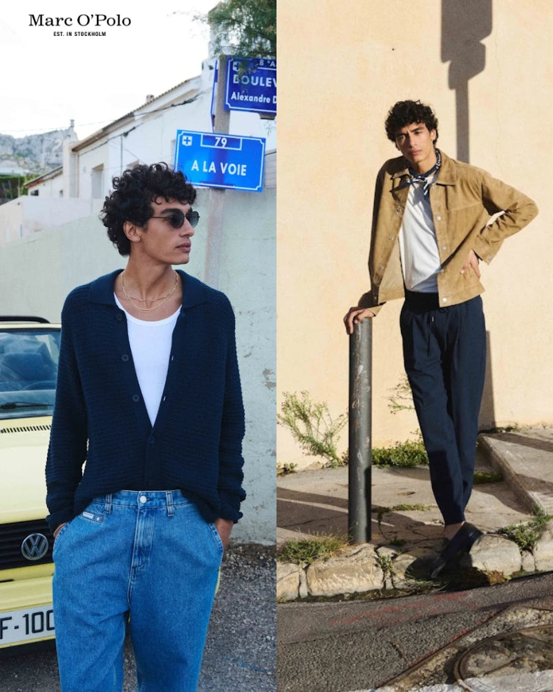 Marc O Polo Herrenmode Kampagnenbild mit zwei Models in Cardigan und Jacke im urbanen Setting - Mobile