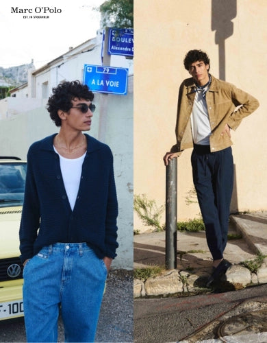 Marc O Polo Herrenmode Kampagnenbild mit zwei Models in Cardigan und Jacke im urbanen Setting