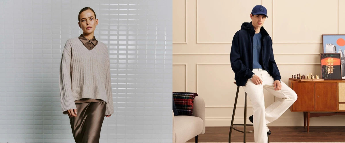 Dame & Herr in aktuellen Winterlooks mit Strickpullover, Satinrock & Freizeit Hoodie.