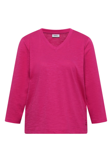 3/4-Arm Shirt in Unifarbe mit V-Neck