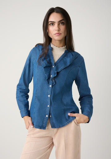 Jeansbluse mit Rüsche