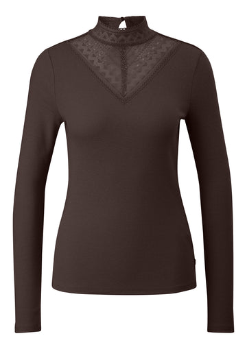 Rippshirt mit Spitzeneinsatz und Stehkragen