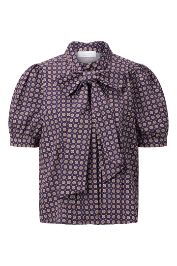 Baumwoll-Schluppenbluse mit Medaillon-Dots und Puffärmeln