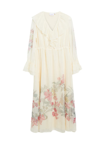 Maxi-Kleid aus Crêpechiffon mit Volant-Details