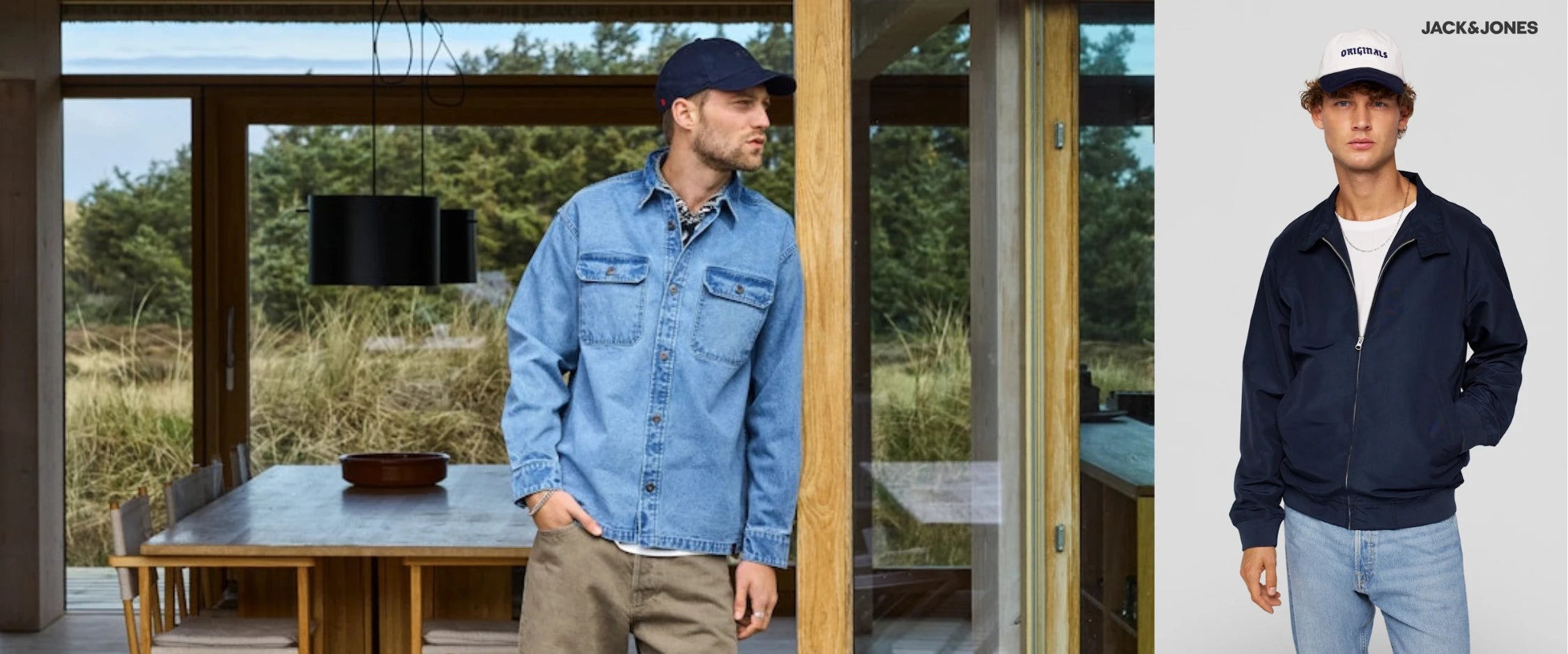Mann trägt Jack and Jones Herren Outfit mit Jeanshemd, Hose und Cap im Innenraum mit Blick ins Grüne sowie weiteres Jack and Jones Herren Outfit mit Jacke, T Shirt und Jeans - Desktop
