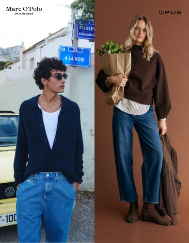 Marc O Polo Herrenmode und OPUS Damenmode Kampagnenbild mit Mann und Frau in modernen Alltagsoutfits