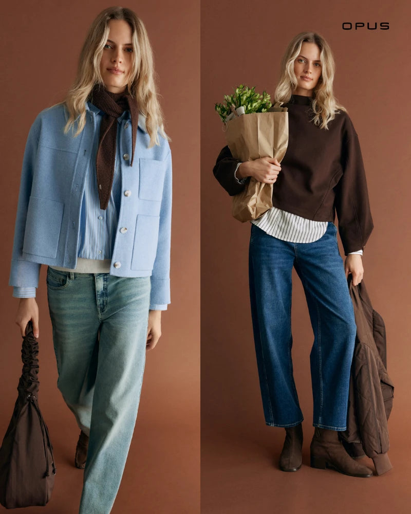 OPUS Damenmode Kampagnenbild mit zwei Frauenlooks in modernen Herbstoutfits vor einfarbigem Hintergrund