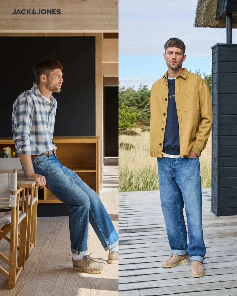 Mann trägt Jack and Jones Herren Outfit mit Jeans und kariertem Hemd im Innenraum sowie Outdoor Look mit Jack and Jones Jacke und Jeans in natürlicher Umgebung - Mobile