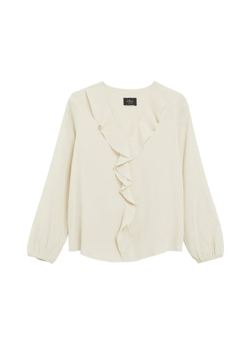 Crêpe-Bluse mit V-Ausschnitt und Volants
